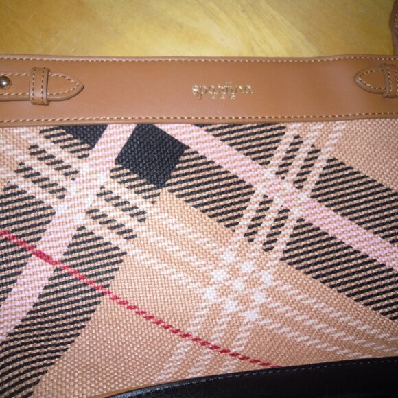 Spartina Pink & Black Plaid check Shoulder Hand Bag Purse Leather Linen NWT USA - Picture 10 of 12